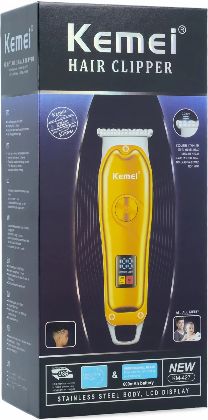 Tondeuse A Cheveux Rechargeable 600MAh 5W LCD Kemei Km-427