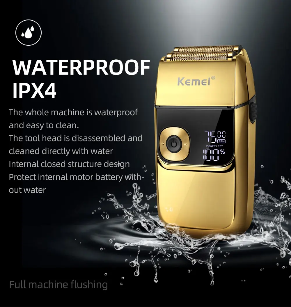 KEMEI KM-2028 Rasoir électrique rechargeable 1400 mAh doré gold avec afficheur Rasoir Électrique