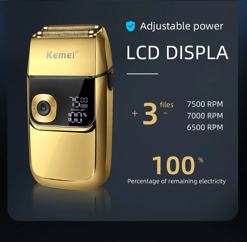 KEMEI KM-2028 Rasoir électrique rechargeable 1400 mAh doré gold avec afficheur Rasoir Électrique