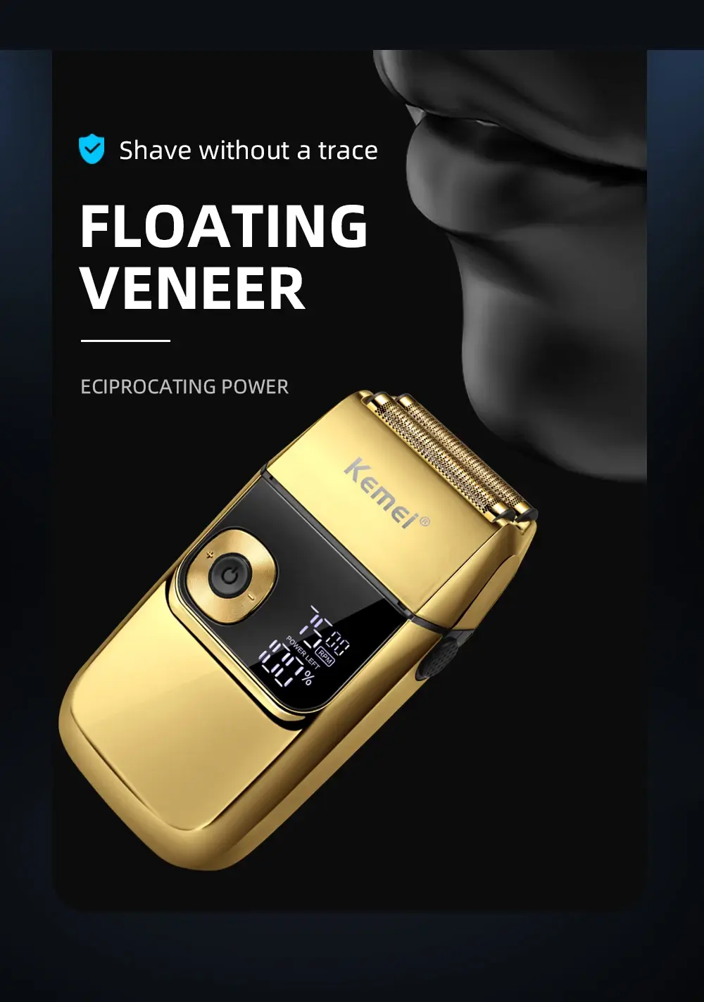 KEMEI KM-2028 Rasoir électrique rechargeable 1400 mAh doré gold avec afficheur Rasoir Électrique