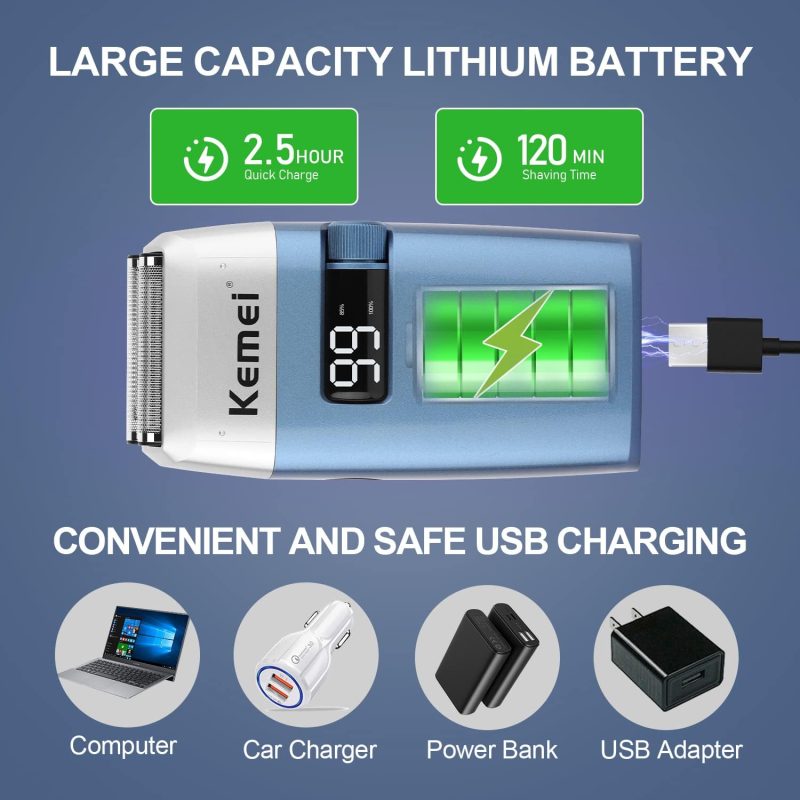 Rasoirs électriques KEMEI KM-3385 pour hommes, étanches, rechargeables sans fil, tondeuse à barbe à deux lames