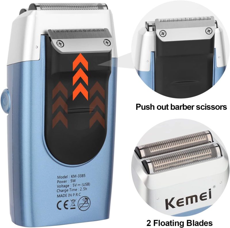 Rasoirs électriques KEMEI KM-3385 pour hommes, étanches, rechargeables sans fil, tondeuse à barbe à deux lames