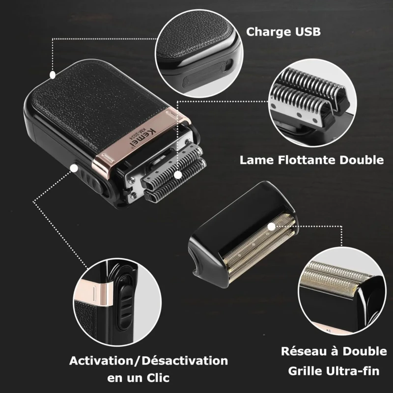 Kemei KM-2024 – Rasoir Électrique Rechargeable Étanche Double Lame, Batterie 1000 mAh rasoir kemei