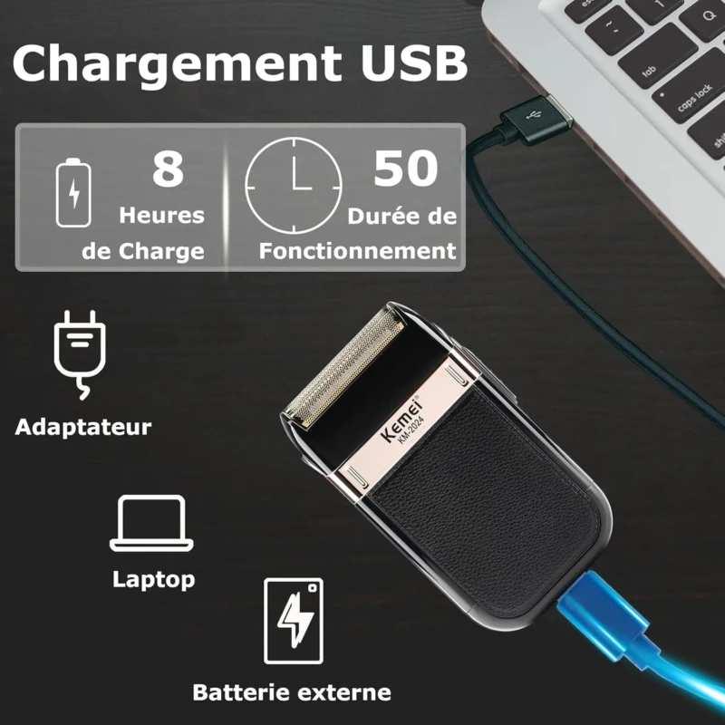 Kemei KM-2024 – Rasoir Électrique Rechargeable Étanche Double Lame, Batterie 1000 mAh rasoir kemei
