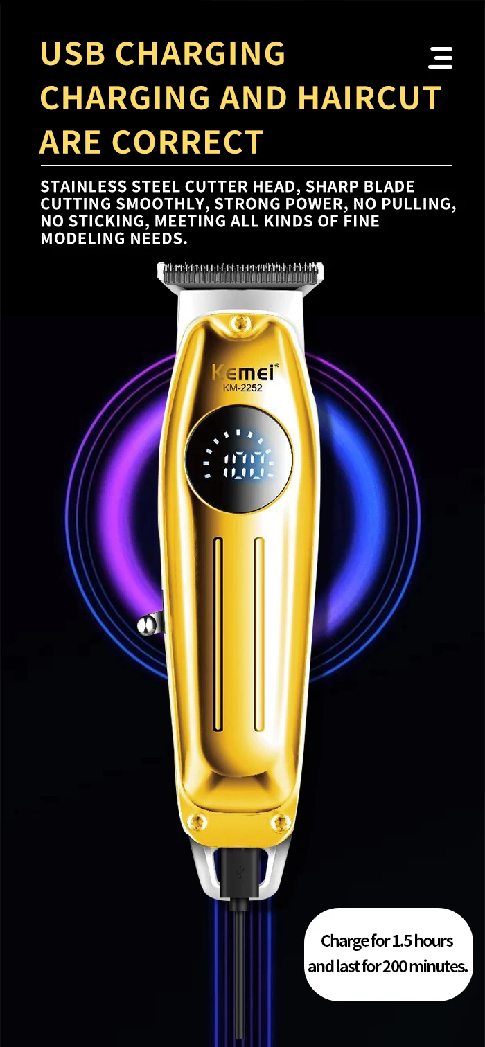 Kemei Km 2252 Tondeuse rechargeable professionnelle pour hommes de 