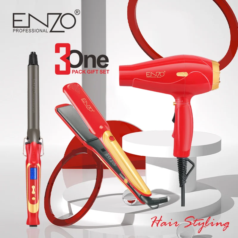 Pack ENZO EN-6305A - 3 en 1 fer à friser fer à lisser ensemble de sèche-cheveux rouge Pack ENZO EN-6305A 3 en 1 fer à friser fer à lisser ensemble de sèche-cheveux rouge