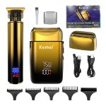 Kemei km-2131 Ensemble de tondeuse à cheveux électrique 2 en 1 pour hommes, rasoir professionnel en feuille d'aluminium + tondeuse à barbe avec écran LCD doré