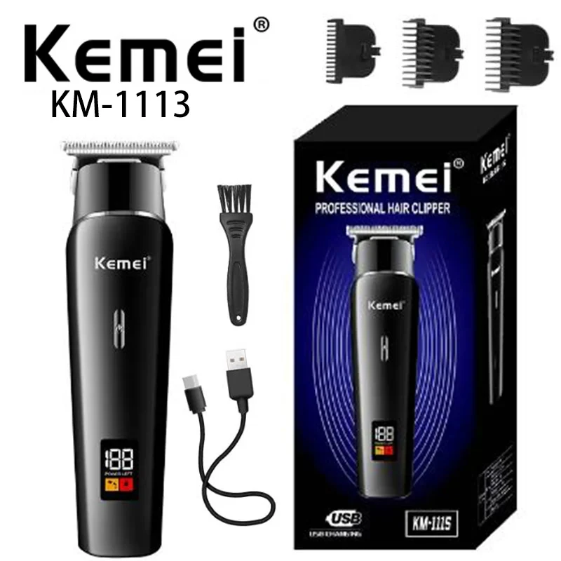 Kemei KM-1113 LED Tondeuse À Cheveux Rechargeable USB À Faible Bruit Professionnel Sans Fil noir