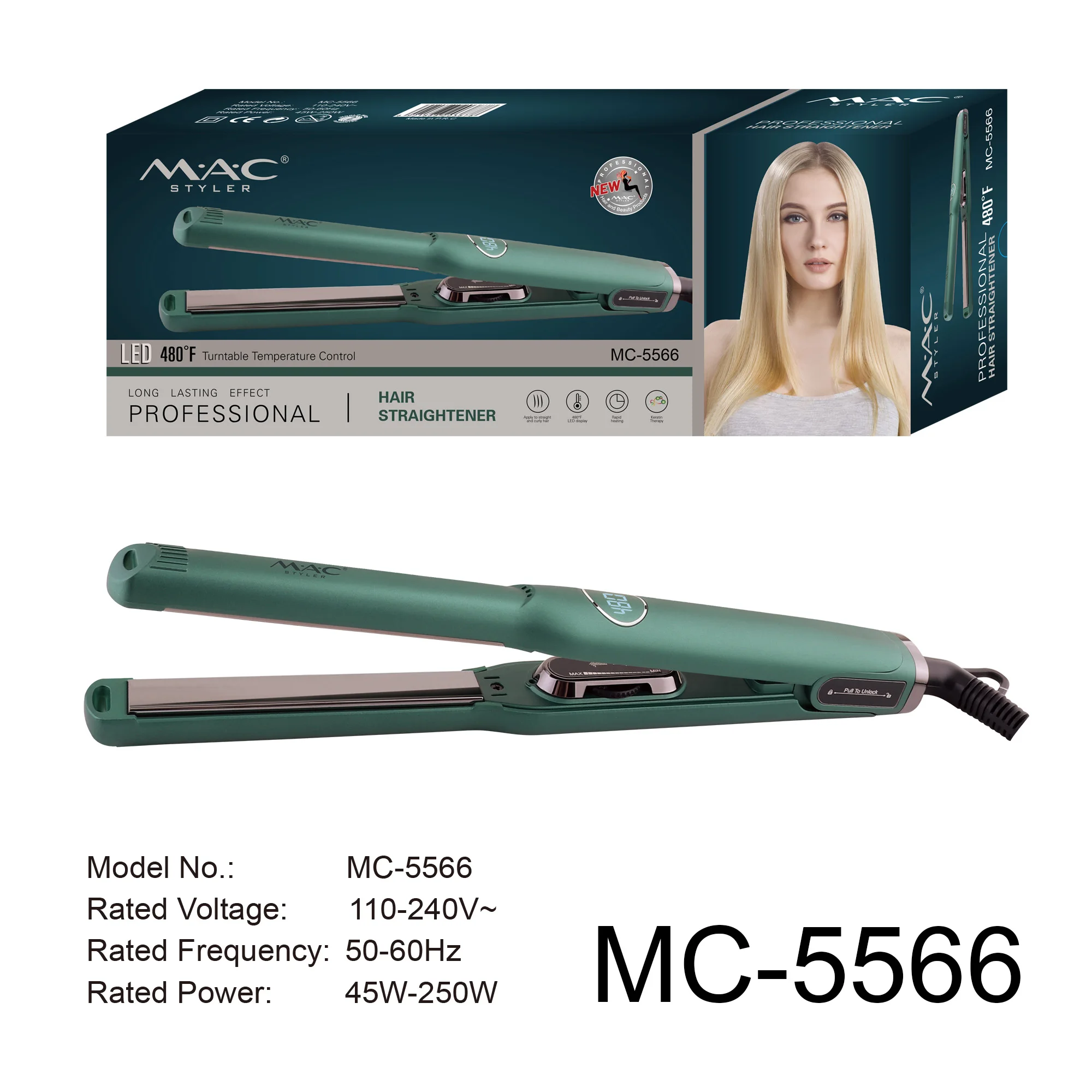MAC Styler mc-5566 professionnel Led affichage titane fer plat 480F plaque étroite lisseur de cheveux vert MAC Styler mc-5566 professionnel Led affichage titane fer plat 480F plaque étroite lisseur de cheveux vert