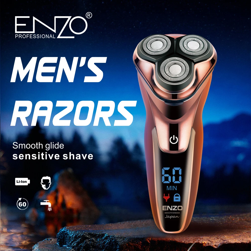 ENZO EN-9308 Rasoir Électrique à Triple Lame Rotative - Rechargeable & Étanche