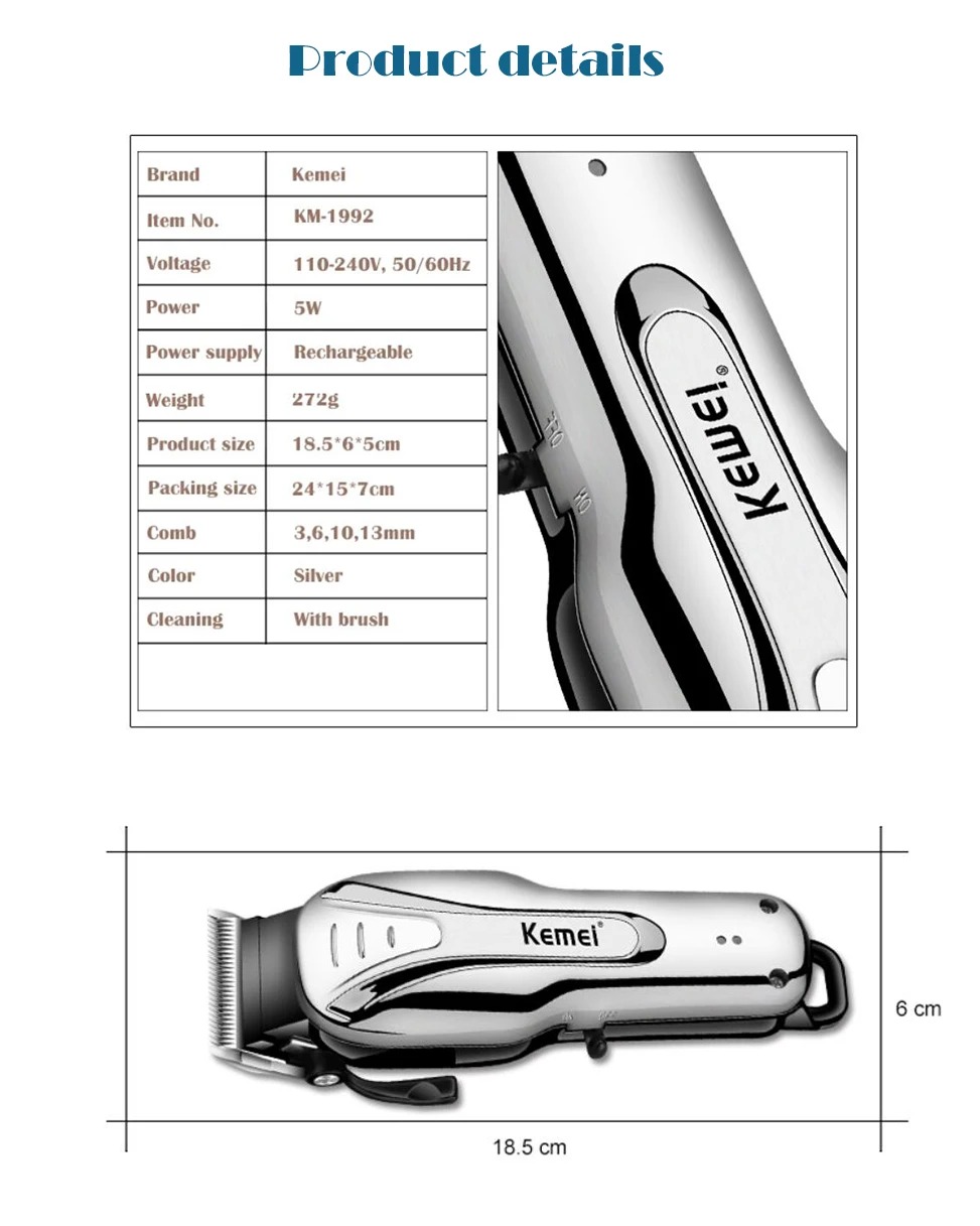 Tondeuse A Cheveux - Kemei KM-1992 - Argent