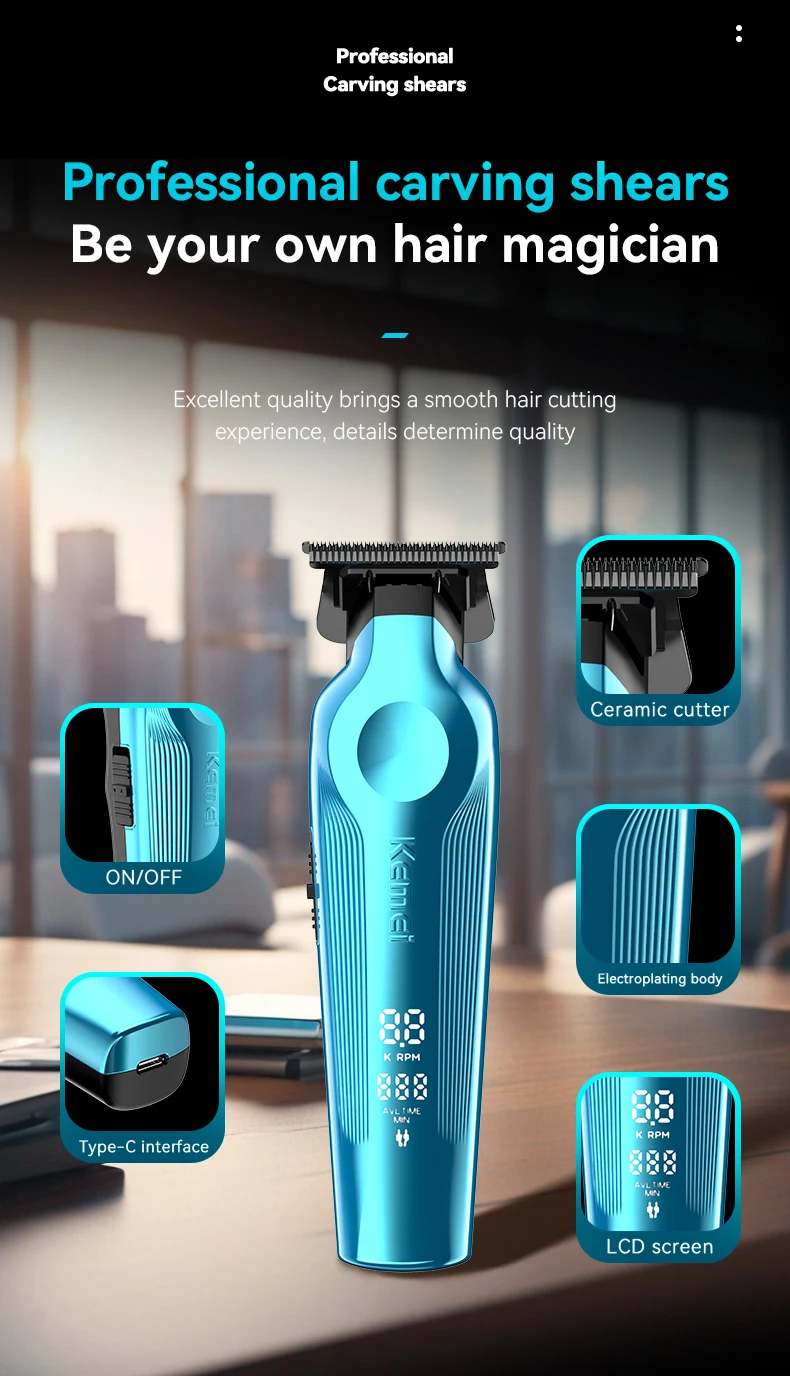 Kemei KM-264 Tondeuse Haute À Cheveux avec afficheur lcd - bleu - - Boutique Algérie