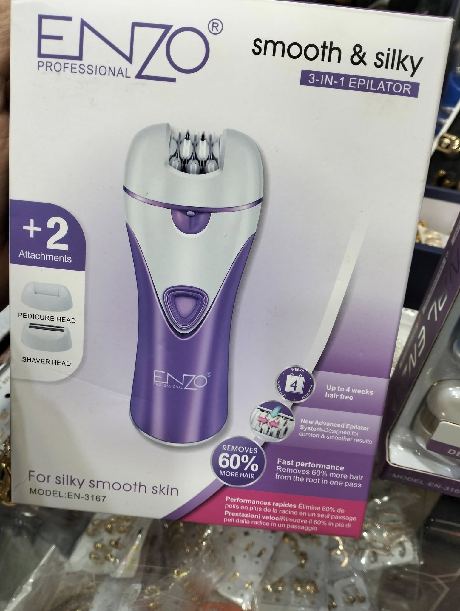 Enzo EN-3167 Appareil d'Épilation Professionnel 3 en 1 Enzo – Rasoir, Épilateur et Lime à Pied Électrique