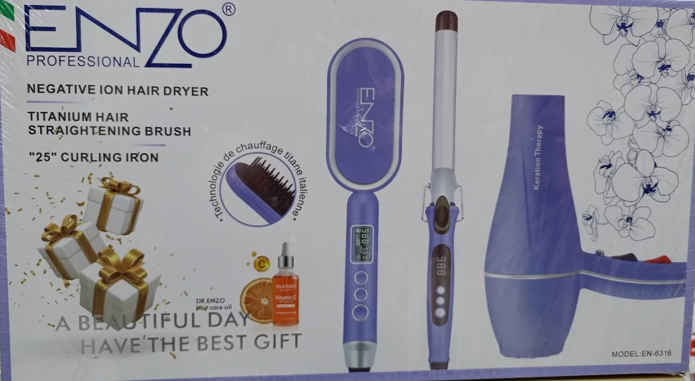 Enzo EN-6316 Pack Coiffure 3 en 1 – Sèche-Cheveux, Brosse Lissante, Fer à Boucler Enzo EN-6316 Pack Coiffure 3 en 1 – Sèche-Cheveux, Brosse Lissante, Fer à Boucler