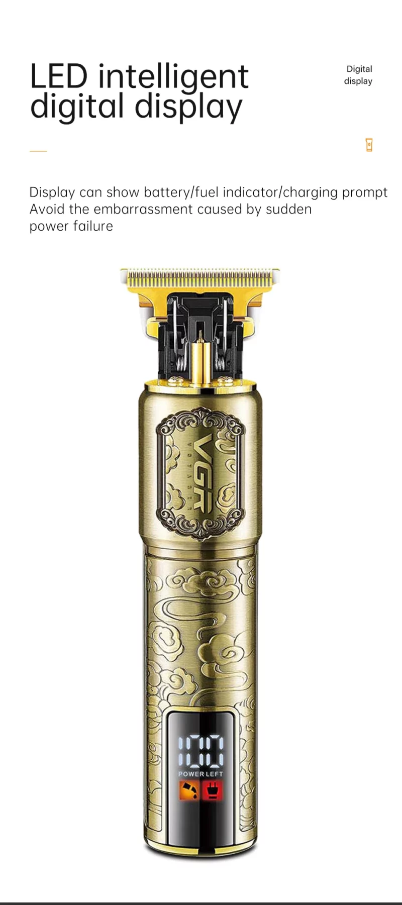 VgazV-073 Tondeuse à Cheveux et Barbe Sans Fil  – Lames en Acier Inoxydable, Rechargeable USB, Affichage LED