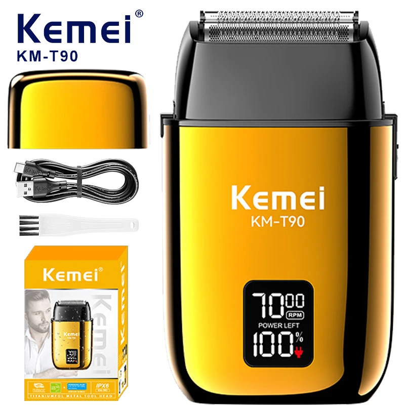 KEMEI KM-T90 rasoir électrique à 3 lames à tête flottante avec écran LCD et USB étanche gold doré