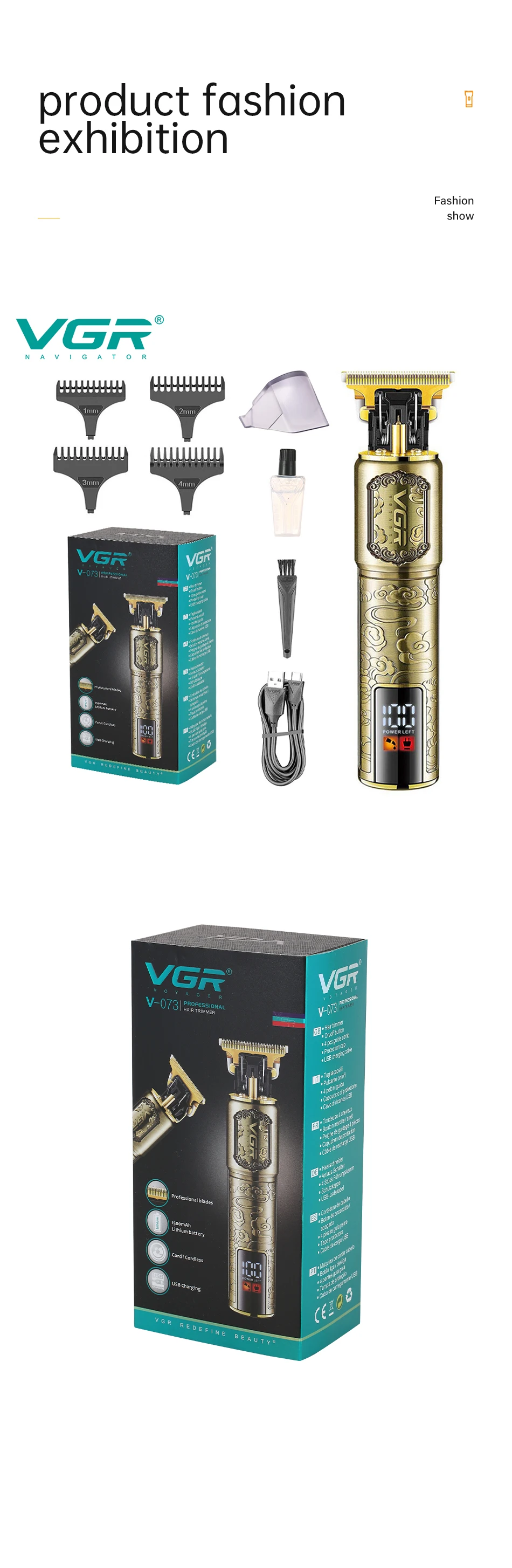 VgazV-073 Tondeuse à Cheveux et Barbe Sans Fil  – Lames en Acier Inoxydable, Rechargeable USB, Affichage LED