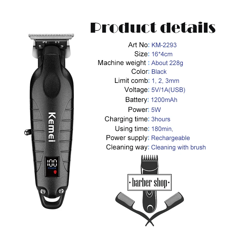Kemei KM-2293 Tondeuse À Cheveux Électrique Professionnel Rechargeable Sans Fil Type-c - - Boutique Algérie