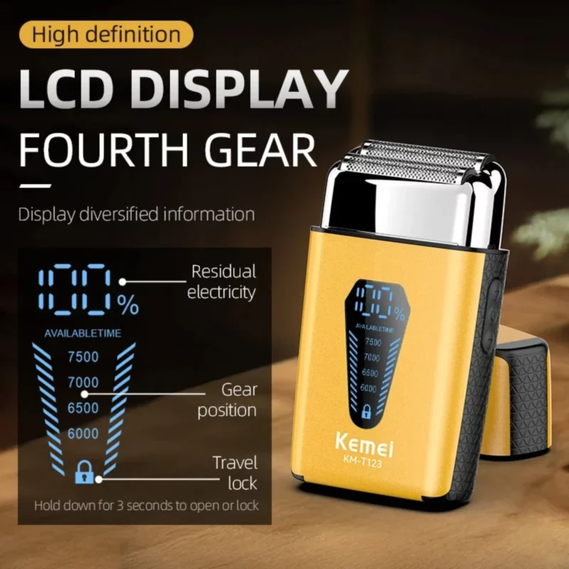 Kemei KM-T123 rasoir electrique hommes rasoir barbe à barbe 8500 tr/min doré LCD Rasoir pour hommes