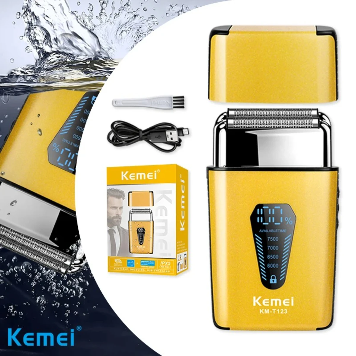 Kemei KM-T123 rasoir electrique hommes rasoir barbe à barbe 8500 tr/min doré LCD Rasoir pour hommes Kemei KM-T123 rasoir electrique hommes rasoir barbe à barbe 8500 tr/min doré LCD Rasoir pour hommes