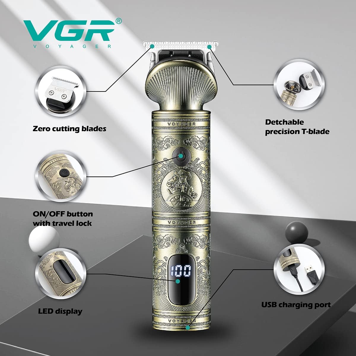 Tondeuse à Cheveux VGR V-962 – Rechargeable USB, Affichage LED, Lames Acier Inoxydable, Coupe Précise