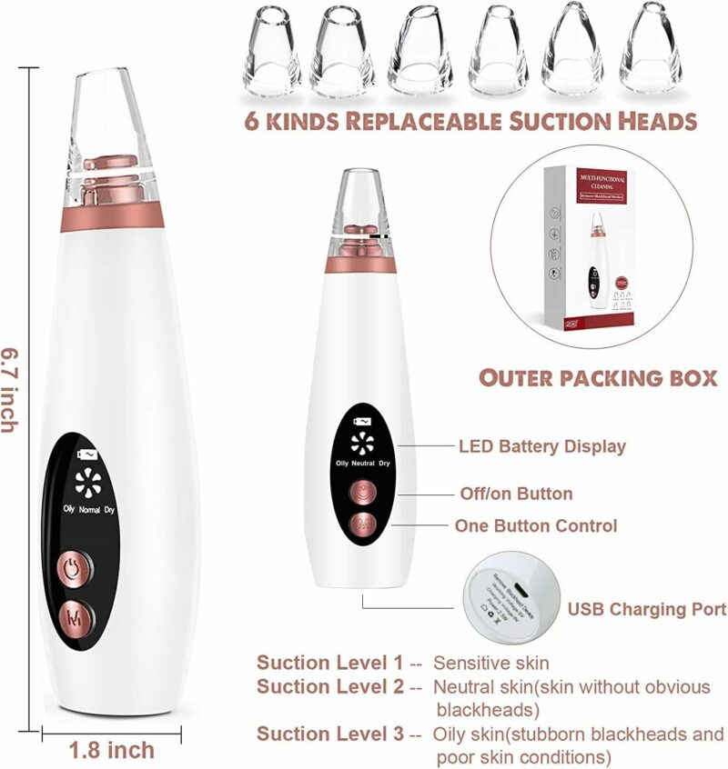Aspirateur / Extracteur Point Noir Avec 6 Tete - Blanc de points noirs rechargeable avec écran LCD – 5 niveaux de puissance, 6 têtes interchangeables, batterie 1000 mAh