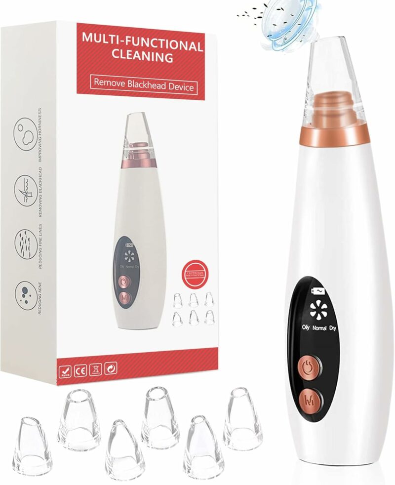 Aspirateur / Extracteur Point Noir Avec 6 Tete - Blanc de points noirs rechargeable avec écran LCD – 5 niveaux de puissance, 6 têtes interchangeables, batterie 1000 mAh