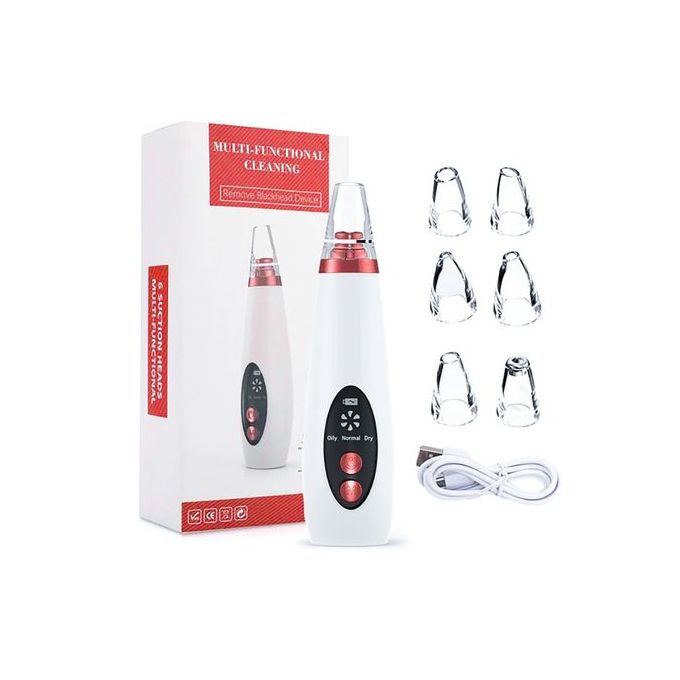 Aspirateur / Extracteur Point Noir Avec 6 Tete - Blanc de points noirs rechargeable avec écran LCD – 5 niveaux de puissance, 6 têtes interchangeables, batterie 1000 mAh