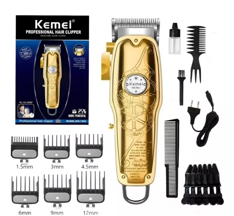 Kemei KM-1958 – Tondeuse professionnelle sans fil, batterie 2000 mAh, lames en acier inoxydable
