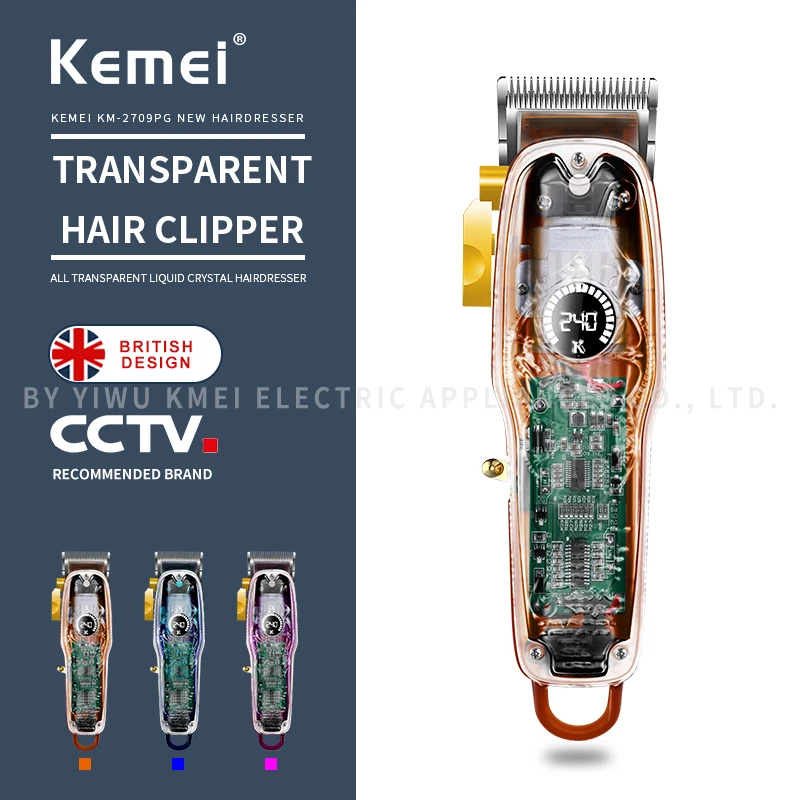 Kemei KM-2709PG Tondeuse professionnelle – Autonomie 3h, lames acier inoxydable, design transparent avec écran LCD