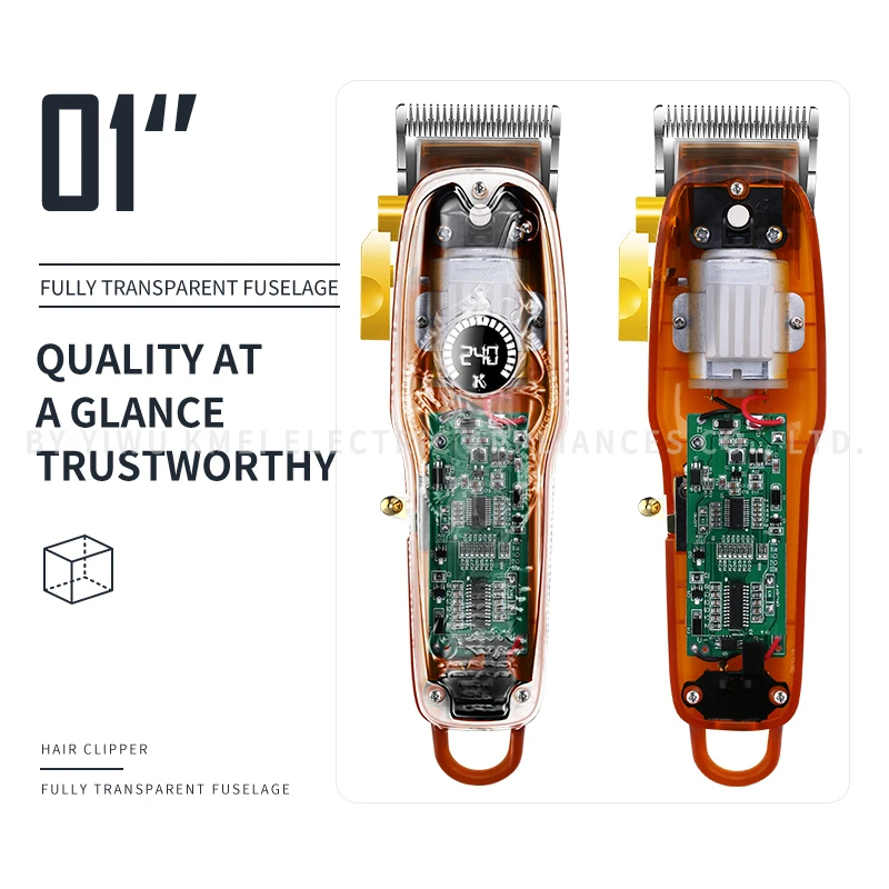 Kemei KM-2709PG Tondeuse professionnelle – Autonomie 3h, lames acier inoxydable, design transparent avec écran LCD