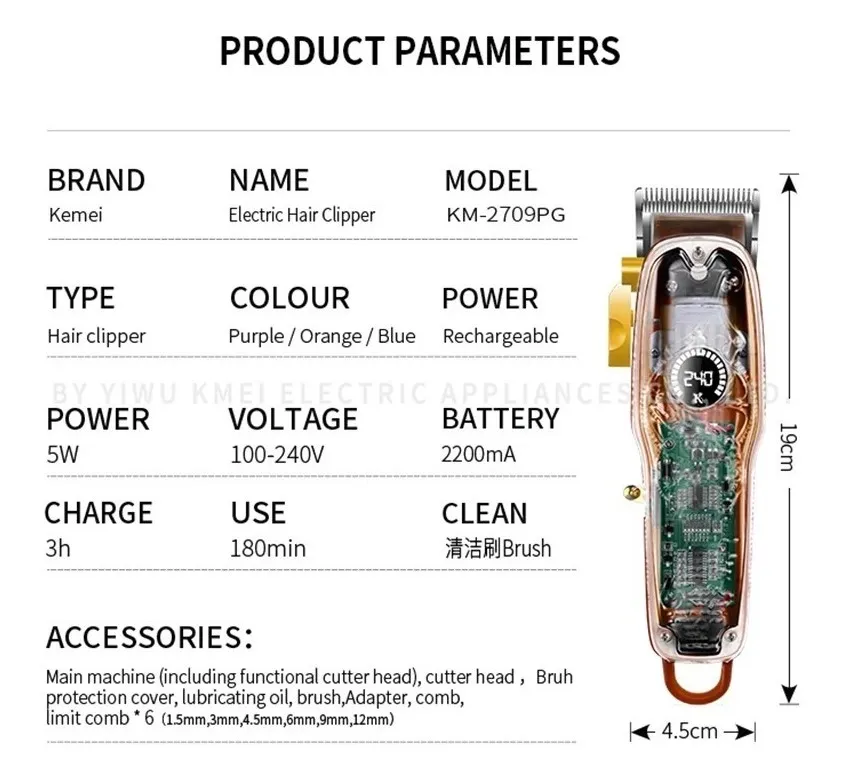 Kemei KM-2709PG Tondeuse professionnelle – Autonomie 3h, lames acier inoxydable, design transparent avec écran LCD