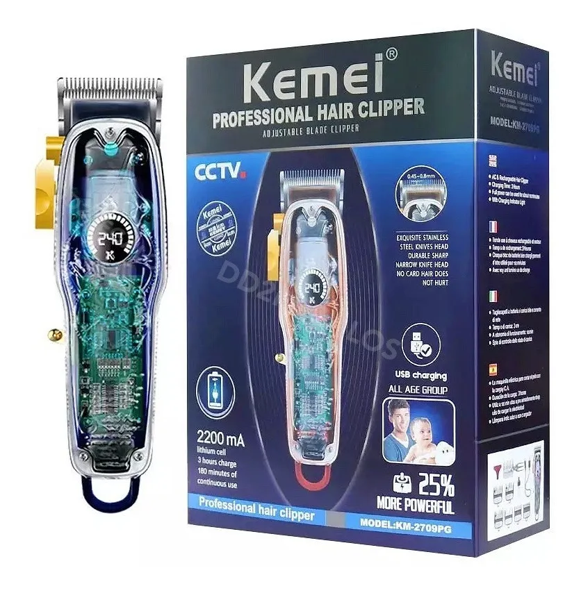 Kemei KM-2709PG Tondeuse professionnelle – Autonomie 3h, lames acier inoxydable, design transparent avec écran LCD Kemei KM-2709PG Tondeuse professionnelle – Autonomie 3h, lames acier inoxydable, design transparent avec écran LCD