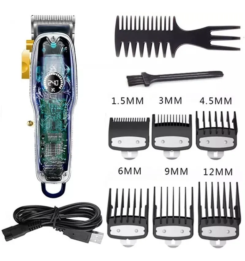 Kemei KM-2709PG Tondeuse professionnelle – Autonomie 3h, lames acier inoxydable, design transparent avec écran LCD