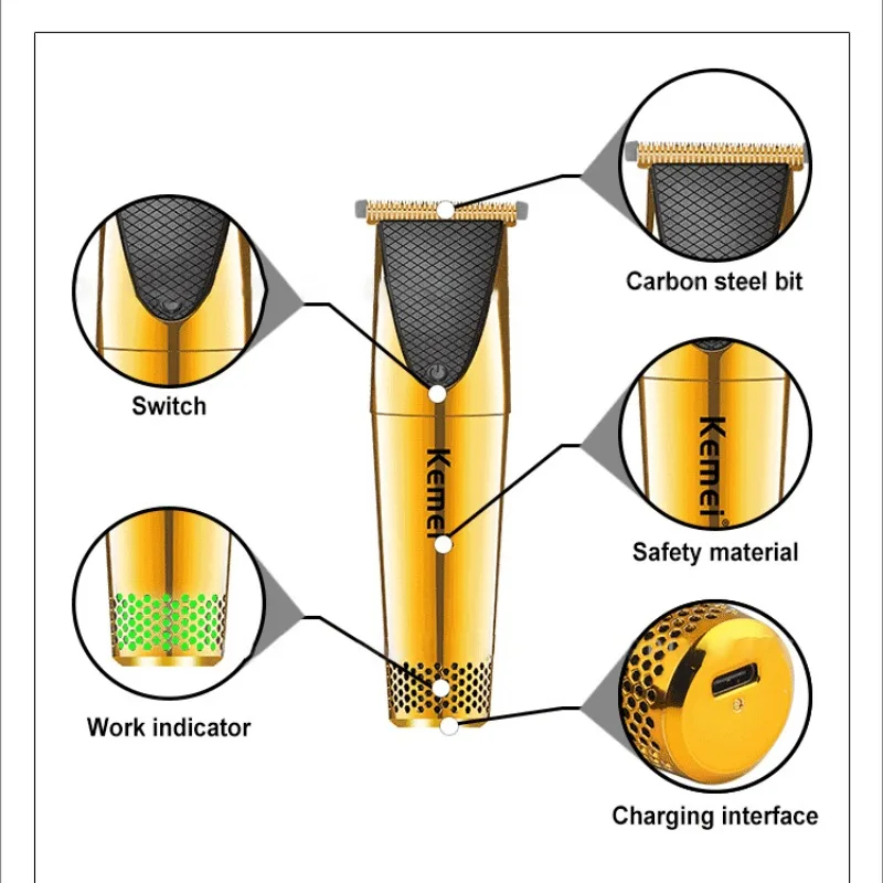 Kemei KM-628A Tondeuse rechargeable gold doré– Autonomie 60 min, lames inox, design compact
