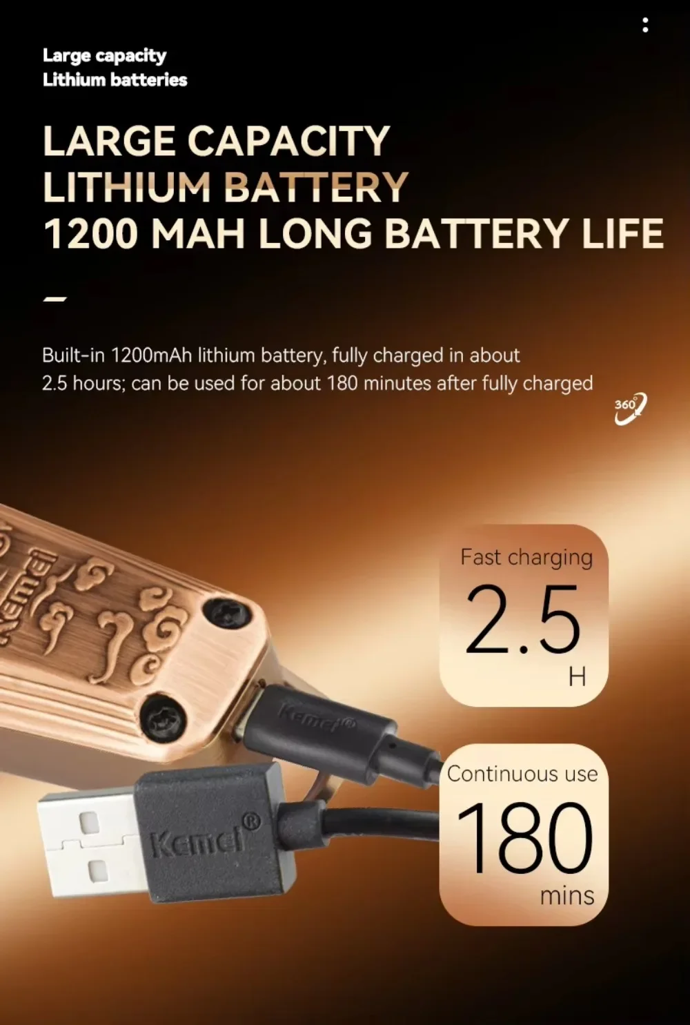 Kemei KM-1576 USB numérique rapide afficheur lcd doré gold lame en céramique, batterie 1200 mAh
