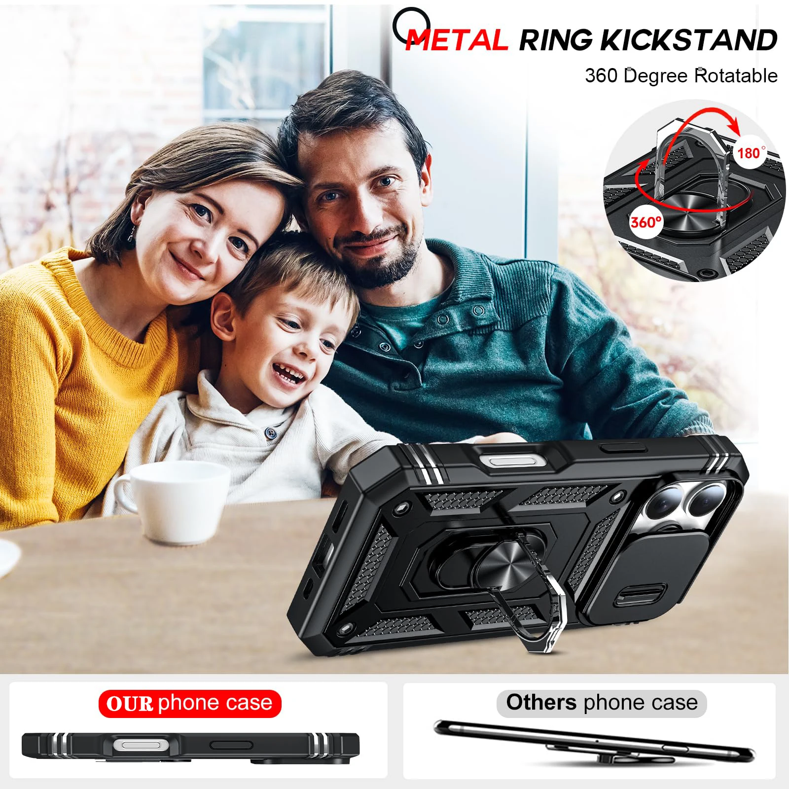 Coque pour iPhone 16 15 14 13 12 11 Pro XS Max XR Plus, Protection d'armure de qualité militaire coulissante, couverture d'armure rotative à 360 degrés