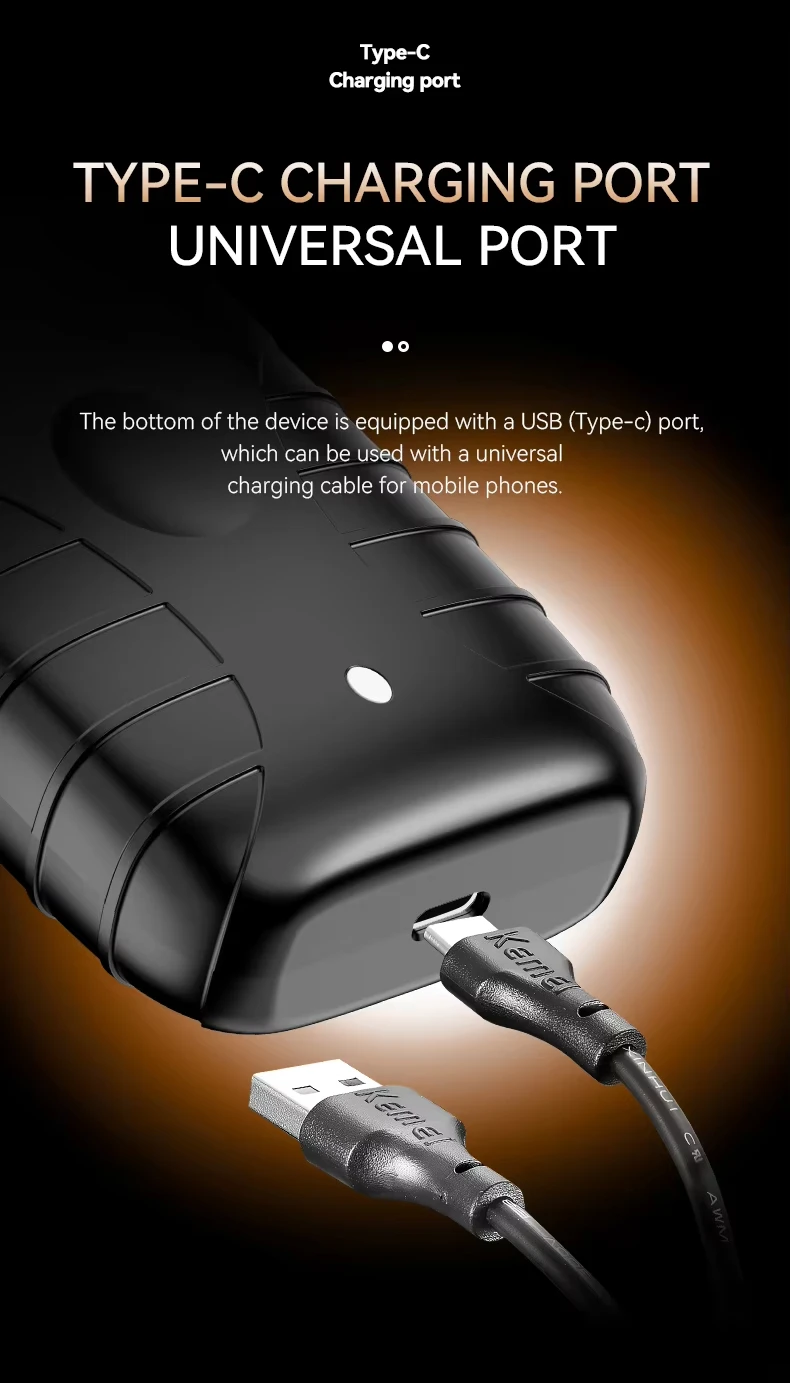 Kemei KM-T95 – Rasoir électrique professionnel sans fil, triple lame, rechargeable USB Type-C