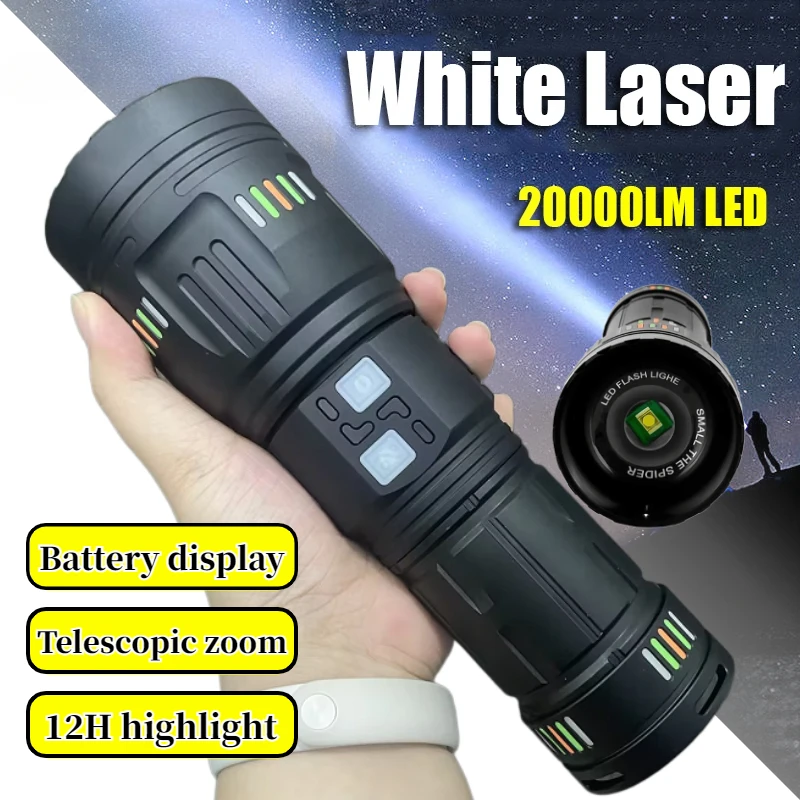 Torche LED laser Lampe de poche , 15000lm, 7 modes, batterie externe, affichage extérieur, n'aime, torche d'urgence, lanterne de camping