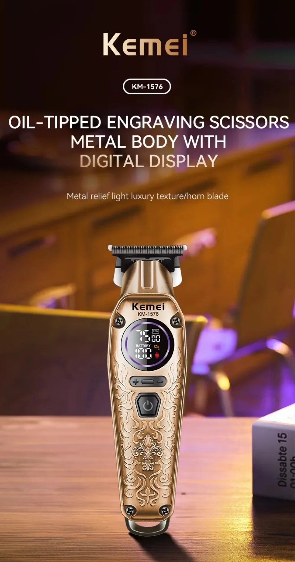 Kemei KM-1576 USB numérique rapide afficheur lcd doré gold lame en céramique, batterie 1200 mAh