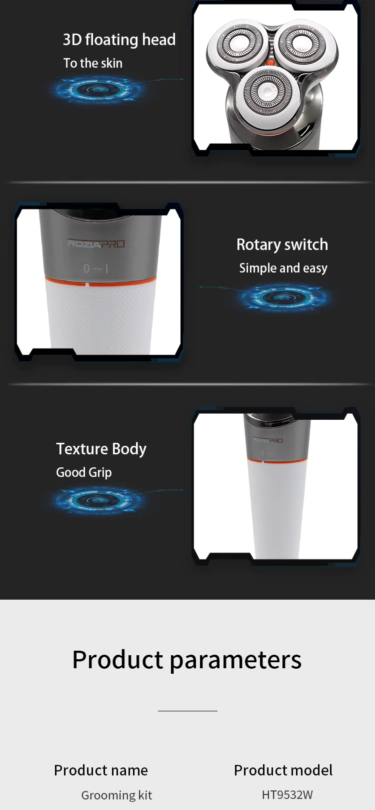 ROZIAPRO HT9533 - HT9532W Rasoir Électrique 5-en-1 pour Homme – Tondeuse Rotative Rechargeable, Étanche, Affichage LED, Accessoires Multifonction