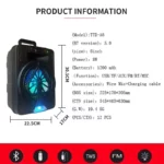 TTD-A8 – Baf Bluetooth Karaoké 8" avec éclairage LED RGB et batterie 4400 mAh
