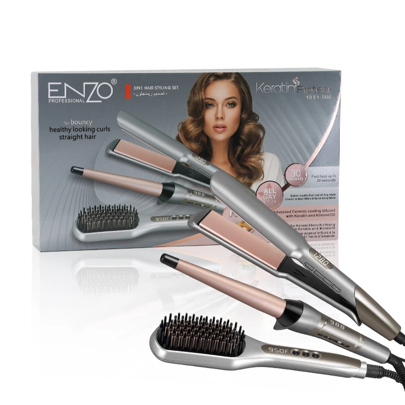 ENZO EN‑3885 – Pack coiffure 3 en 1 : lisseur, brosse & boucleur - gris