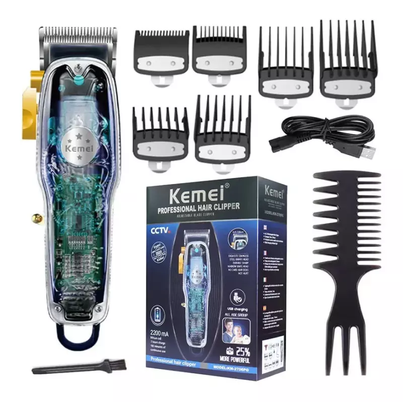 Kemei KM‑2706PG – Tondeuse Rechargeable Transparent Professionnelle