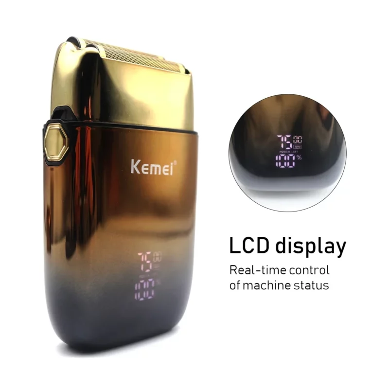 Kemei-KM-TX10 Rasoir Electrique pour hommes lames à double feuille USB charge rapide affichage LED doré gold