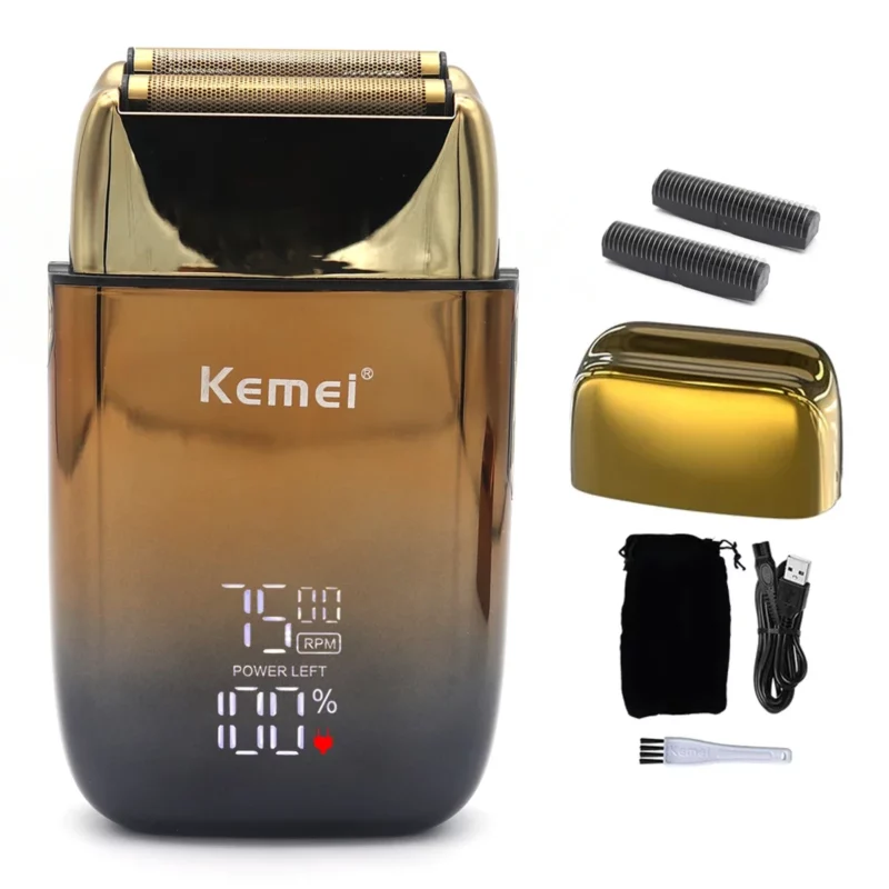 Kemei-KM-TX10 Rasoir Electrique pour hommes lames à double feuille USB charge rapide affichage LED doré gold