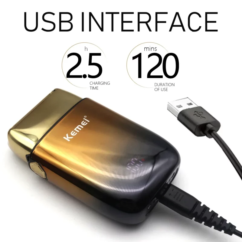 Kemei-KM-TX10 Rasoir Electrique pour hommes lames à double feuille USB charge rapide affichage LED doré gold