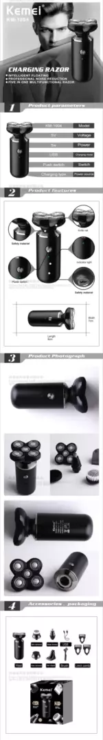 Kemei KM-1004 – Rasoir Électrique Professionnel Rechargeable à 5 Têtes