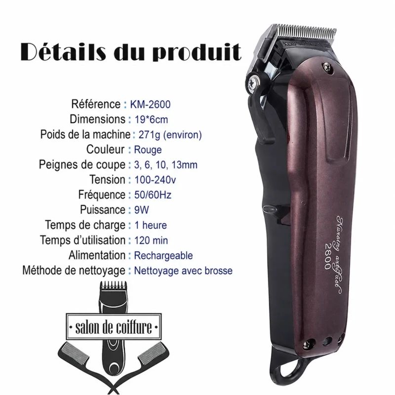 Kemei KM-2600 – Tondeuse Professionnelle Sans Fil 9W, 120 min d’Autonomie tondeuse avec levier tondeuse kemei