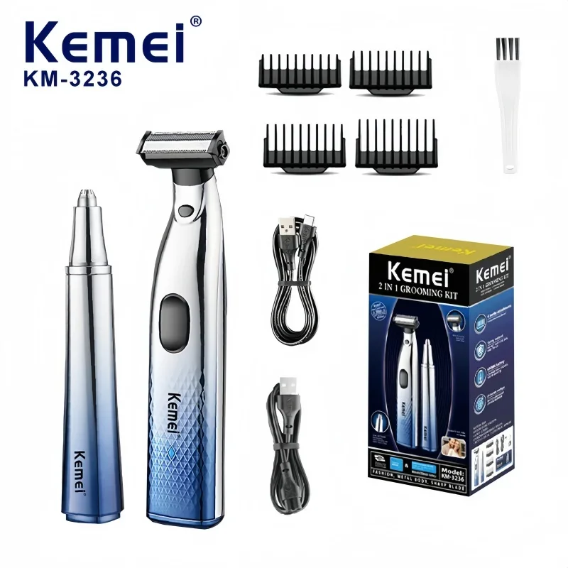 Kemei KM-3236 Tondeuse à cheveux portable 2 en 1 pour homme – Rechargeable pour poils de nez, rasage,
